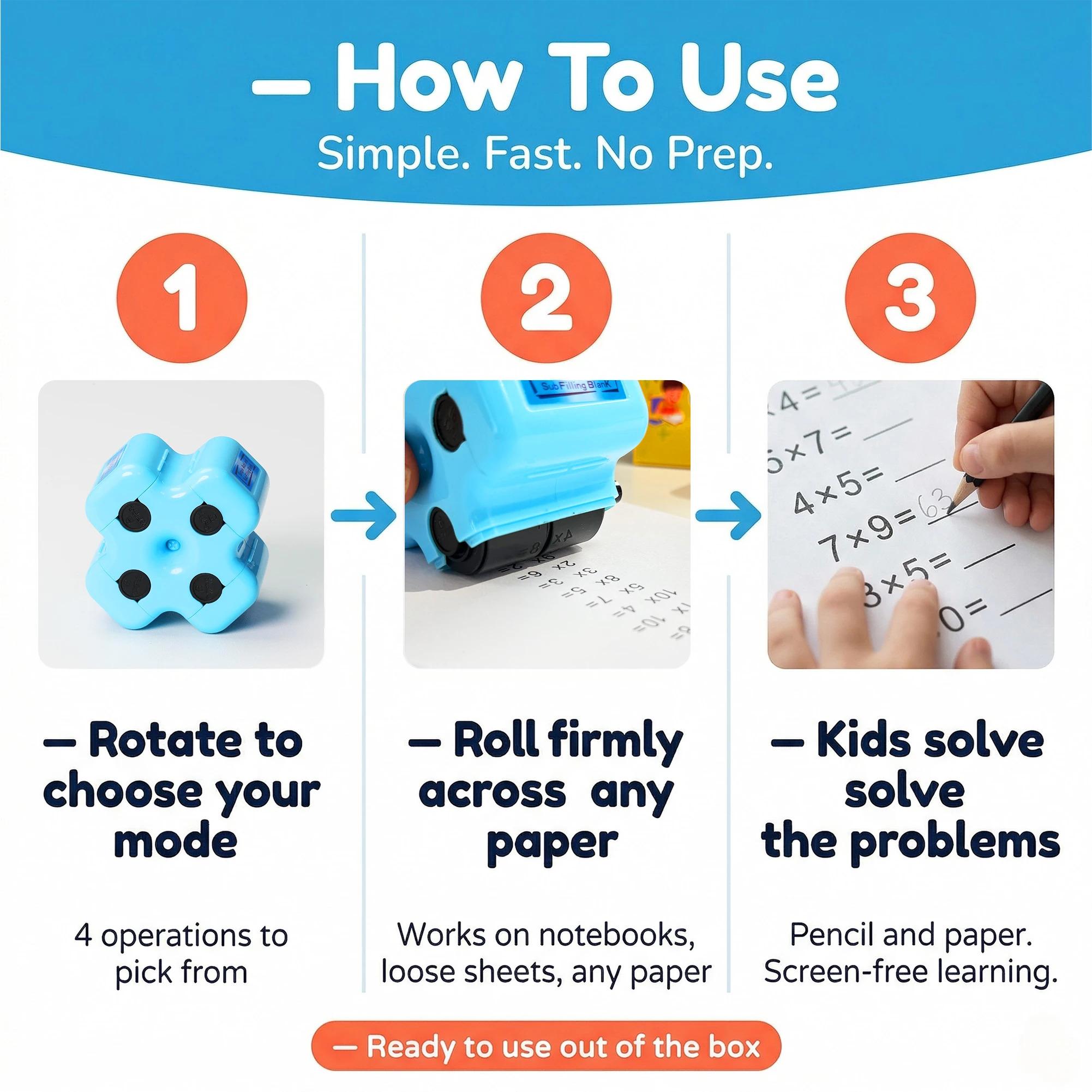 Math Teacher 4-in-1 Math Roller Stamp by GOLDENEGG [Free Grading App] | Addition Subtraction Multiplication Math Practice Tool | Math Learning Tools, Math Toys for Kids Ages 5-9, 1st 2nd 3rd Grade | Screen-Free Back to School Supplies, Homeschool
