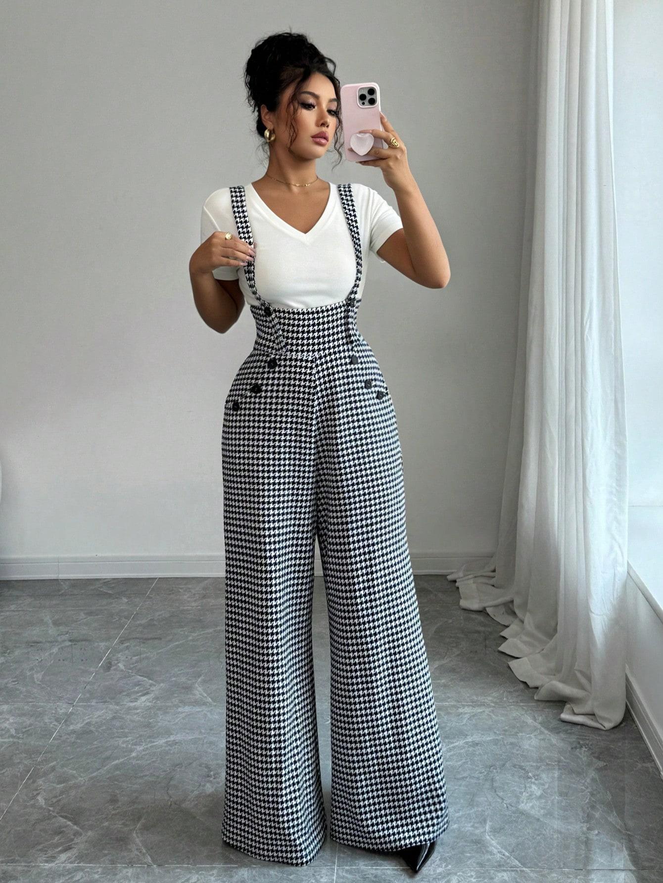ASANDY Women's Houndstooth Print Wide Leg Overalls Button Detail High Waist Suspender Jumpsuit Casual Elegant Silhouette Versatile Style Perfect For Office Daily Brunch & Streetwear Looks