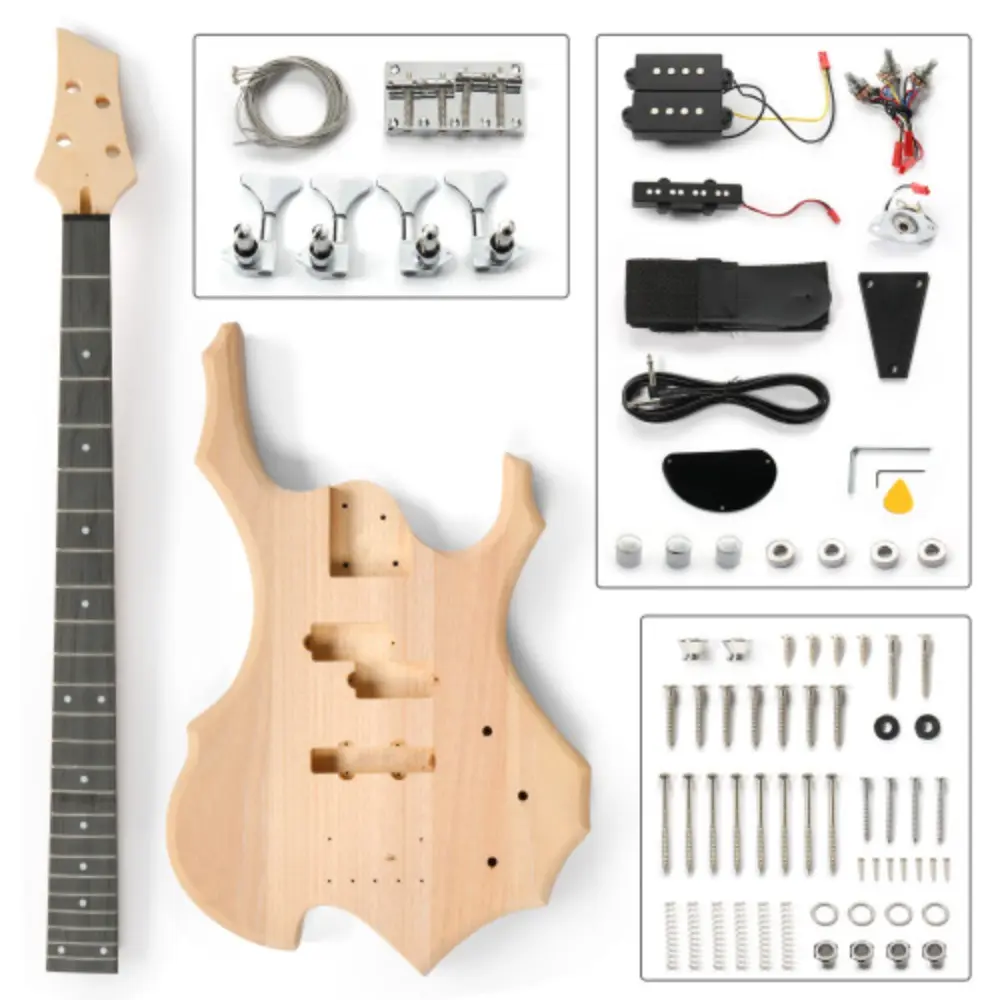 DIY 4 String Flame Shaped Style Electric Bass Guitar Kits with Mahogany Body, Maple Neck and Accessories, Diy Guitar Kit, Eyecatching Instrument, Stylish Bass Guitar, Mahogany Body Guitar, Fixed Bridge Guitar, Music Hobbyists, Beginner Bass Players