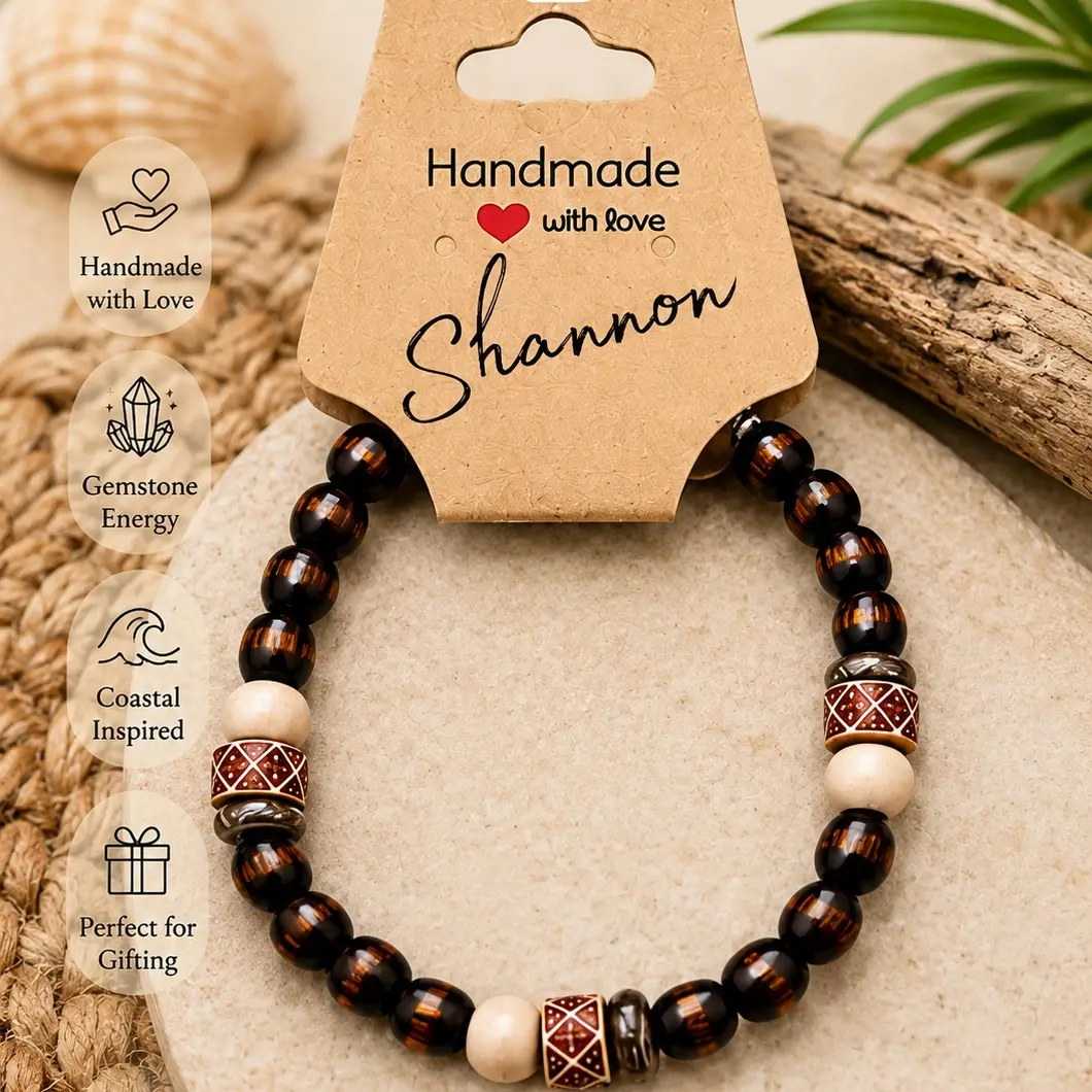 Handmade Wooden Beaded Bracelet for Adults, Earthy Tones & Coastal Inspired Artisan Jewelry, Ideal for Gifting