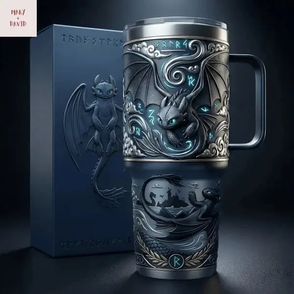 Toothless Night Fury 40oz Tumbler with Handle, How to Train Your Dragon Stainless Steel Travel Mug with Lid, Double Wall Insulated Cup, Fantasy Dragon Drinkware, Dragon Movie Fan Gift