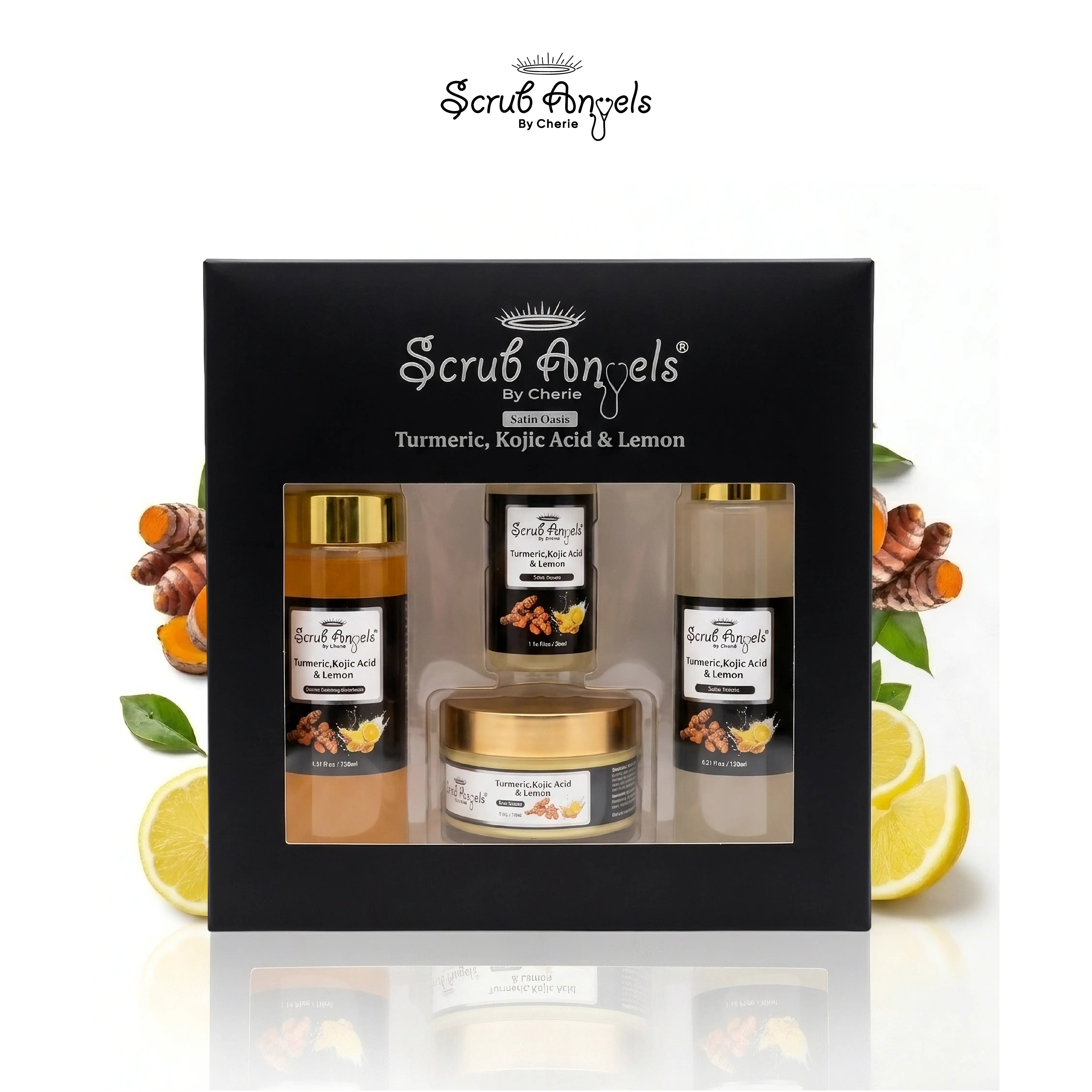 Scrub Angels - Satin Oasis: Tumeric, Kojic Acid & Lemon Premium Skin Care Set