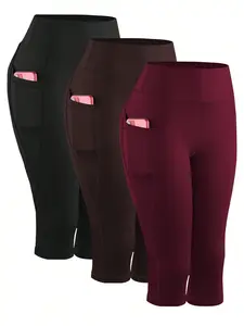 3pcs/Set Plus Size Pocket Printed Yoga Pants, High Waist Fitted Slimming Workout Leggings Capri Pants