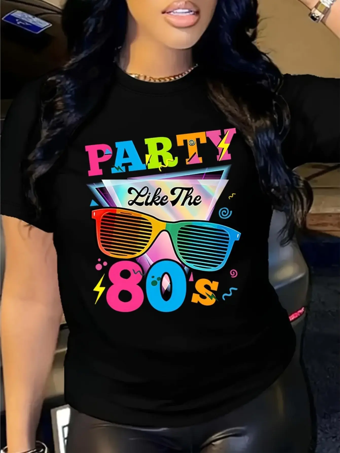 Women's Retro 80s T-Shirt, Vintage Flash & Rainbow Sunglasses Graphic Tee in Thick 100% Cotton, Casual Birthday Party Top, Denim