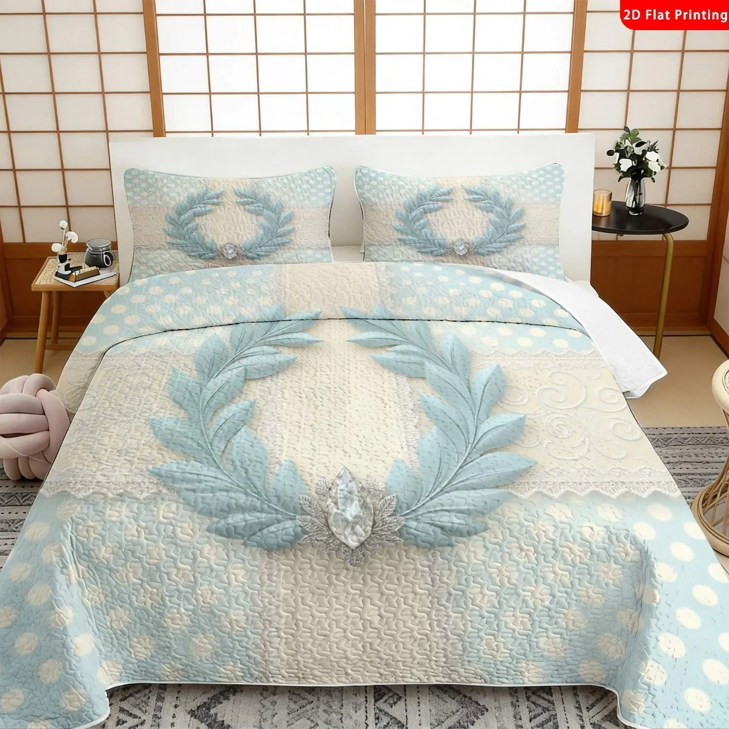 3 pcs, 2D flat print elegant laurel wreath bed cover set with diamond accent, multiple sizes available, bedding set, festive decorative bedding, ideal for bedroom decor, Quilted Bedspread Set(1 bedspread , 2 pillowcase)