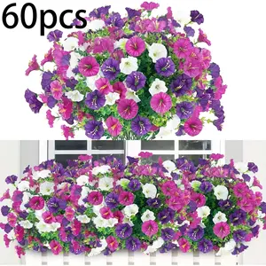 60 Pcs Artificial Hanging Plant Flower Basket Faux Silk Morning Glory & Eucalyptus UV Resistant for Terrace Balcony Garden Outdoor Decoration Realistic Appearance