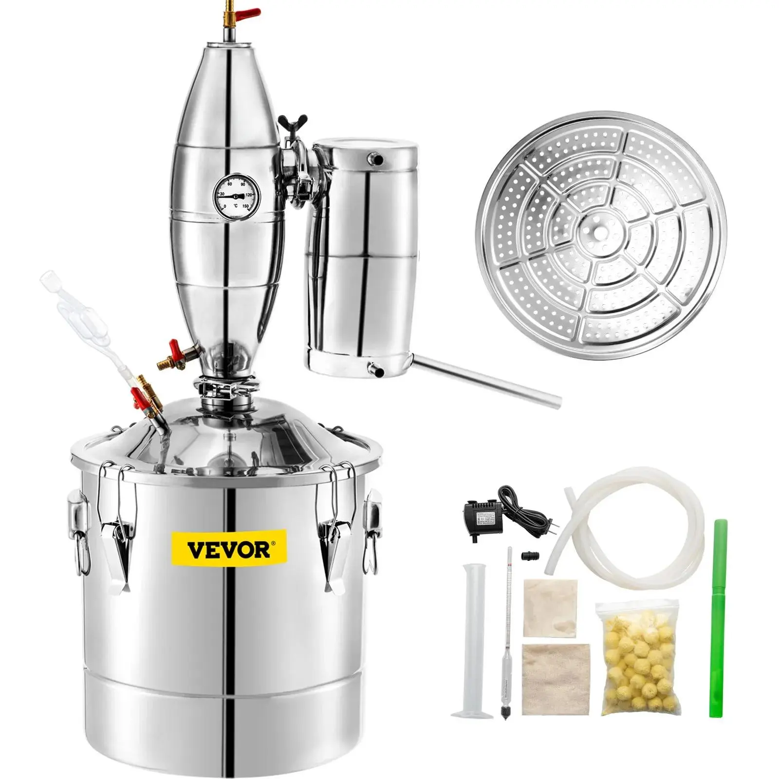 【Summerfinds】VEVOR 70L 18.5Gal Water Alcohol Distiller 304 Stainless Steel Alcohol Still Wine Making Boiler Home Kit with Thermometer for Whiskey Brandy Essential,  Sliver