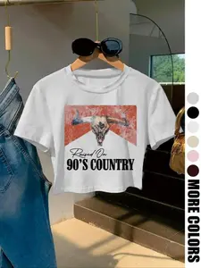 Women's '90's Country' Print Round Neck Crop Tee, Y2K Style Slim-Fit Short Sleeve T-Shirt for Women, Summer Casual Everyday Wear, Crop Top, Womenswear