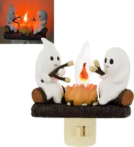 Ghost Campfire Flickering Night Light, Ghosts Campfire Flicker Flame Nightlight, 3D Small Electric Faux Campfire Night Light, Halloween Indoor Decorations