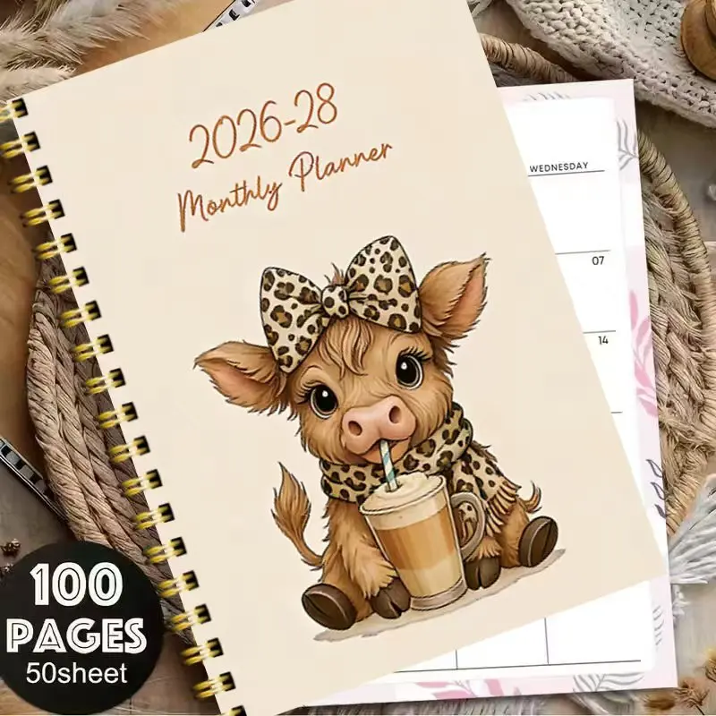 Floral Cow and Highland Cattle Pattern Spiral Notebook Journal, Office Stationery Supplies, Journaling Supplies, Monthly/weekly Planner Layout, Perfect for Organizing Daily Tasks, Personalized Gift