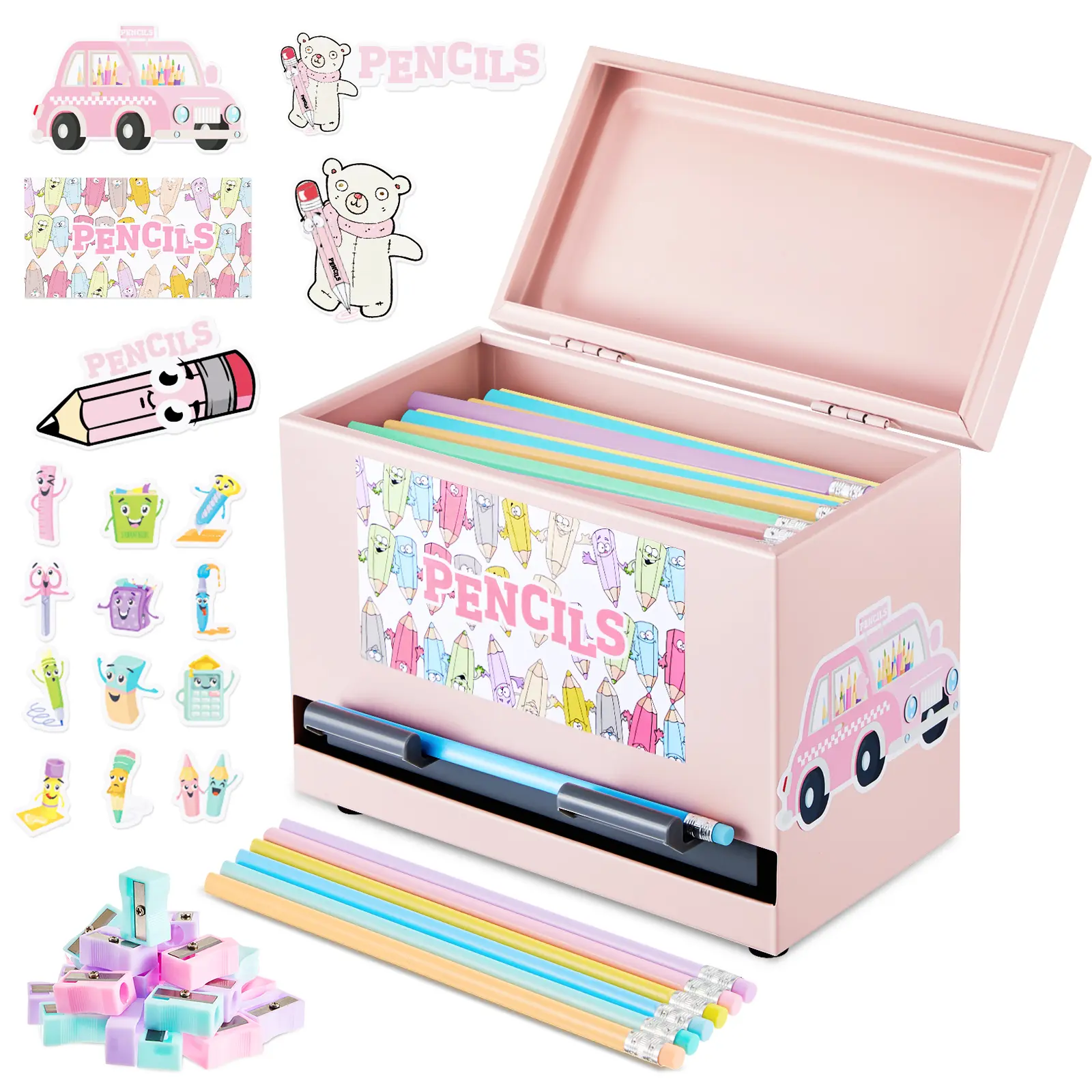 Back to School Teacher Gift: Metal Pencil Dispenser with Pencils Sharpener DIY Sticker, Stainless Steel Pen Storage Box for Classroom Table Organization, First Day of School Teacher Gift for Pre K to Middle School