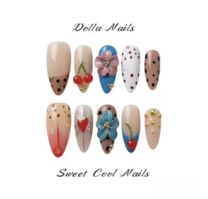 Dolla Nails 100% Handmade 3D Almond Press-On Nails, Reusable Fake Nails with Cherry & Flower Design, Luxury Gold Bead Charms, Gothic & Edgy Old Money Aesthetic, Salon-Quality Manicure for Daily Wear & Special Occasions