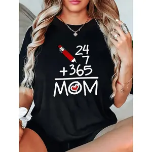 [Alphabet T-Shirt] Polyester Blend Women's Casual Crew Neck T-Shirt | Medium Stretch, Knit Fabric, Alphabet Pattern, Short Sleeve Tee with MOM Print for All Seasons