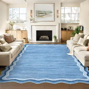 Garvee 9x12 Area Rug - Machine Washable, Non-Slip Low Pile with Scalloped Design, Stain Resistant, Soft Floor Mat for Living Room, Bedroom, Dining Room Decor, Pet Friendly, Blue Tint