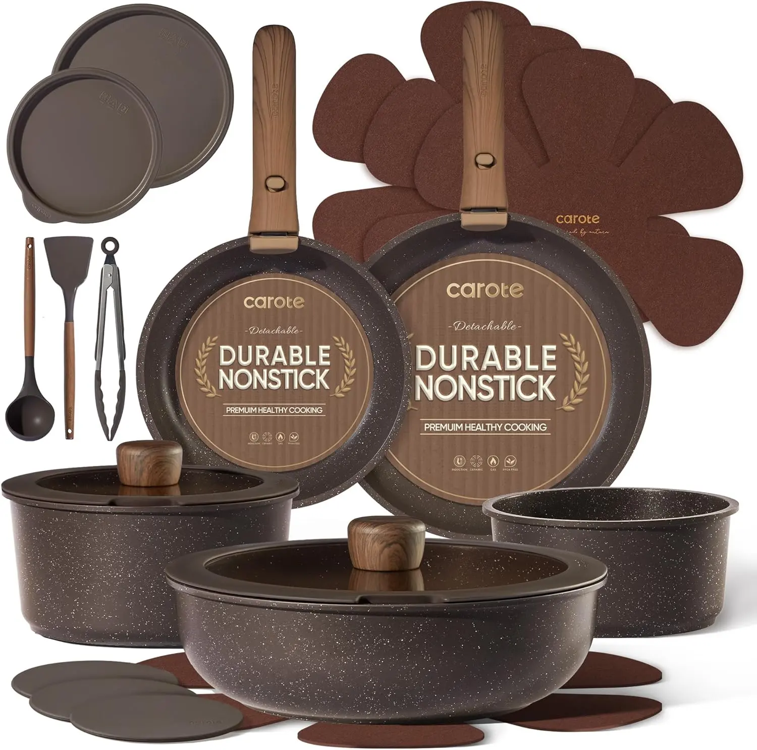 21pcs Pots and Pans Set Non Stick, Detachable Handle Cookware | Ultra Nonstick, Space Saving, Dishwasher & Oven Safe, Non-Toxic Kitchen/Apartment/Camping/RV/ Traveling Cooking Sets Oil Aluminium
