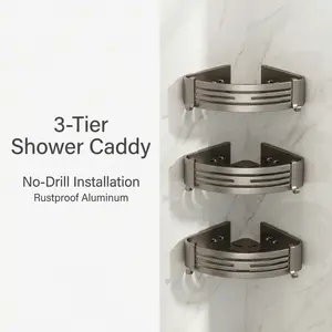 Rustproof Bathroom Corner Shelf Organizer | No-Drill Gunmetal Grey Shower Caddy | Damage-Free Wall Mount