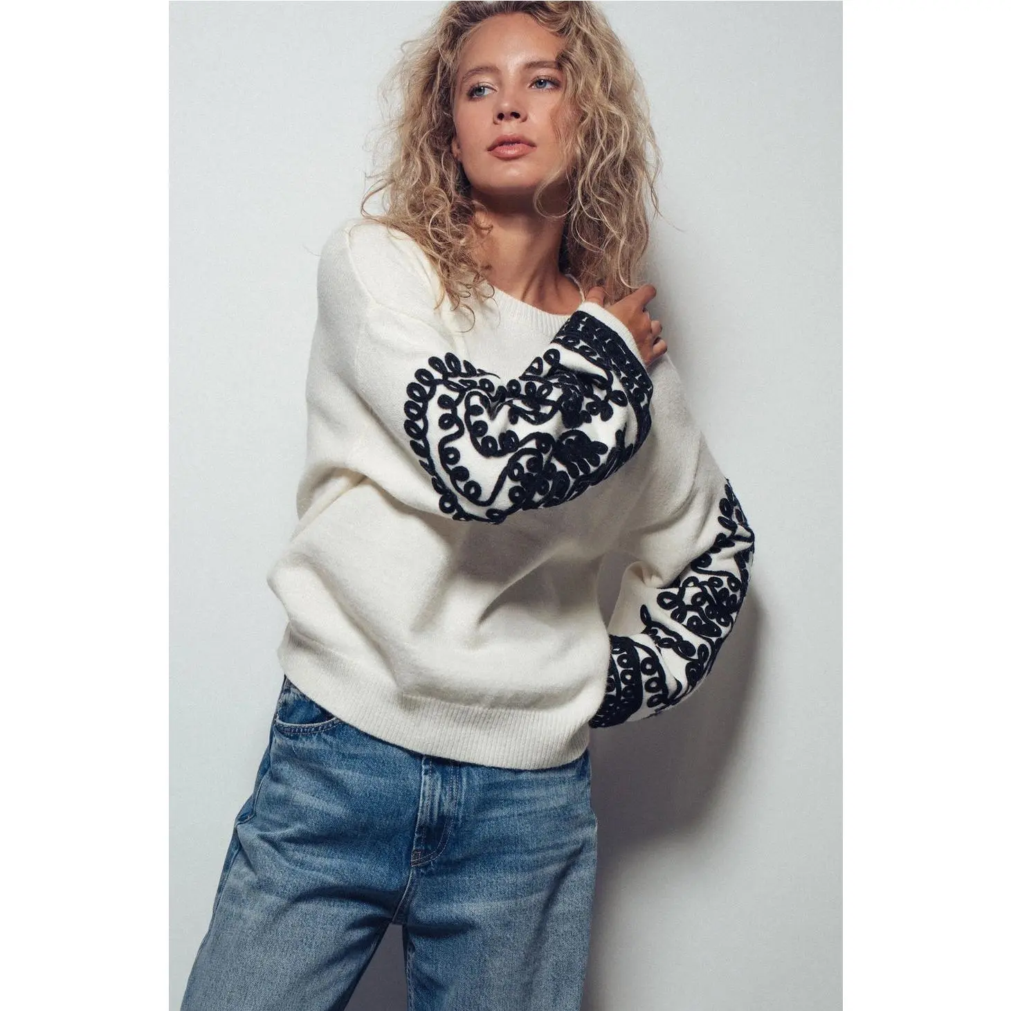 Urban Daizy Embroidered Sleeve Knit Sweater