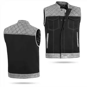 Men's Diamond Stitch Gray Leather and Black Denim Motorcycle Vest