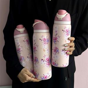 floral pattern vacuum flask, 1 count portable insulated water bottle with straw, drinking cup for home office school outdoor camping, drinkware, thermo tumbler