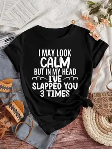 Women's Slogan Print Round Neck Tee, Casual Short Sleeve Graphic T-shirt, Ladies Summer Clothes for Daily Wear