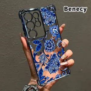 Blue Floral Reverie Pattern Phone Case Compatible with Samsung Galaxy S23 Ultra S24 Plus S25 S22+ FE Edge Four Corners Air Cushion Anti-drop Silicone Shockproof Cellphone Cover