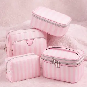 Pink Stripe Makeup Bag Set Travel Cosmetic Organizer Waterproof Large Capacity Portable Toiletry Bag for Women