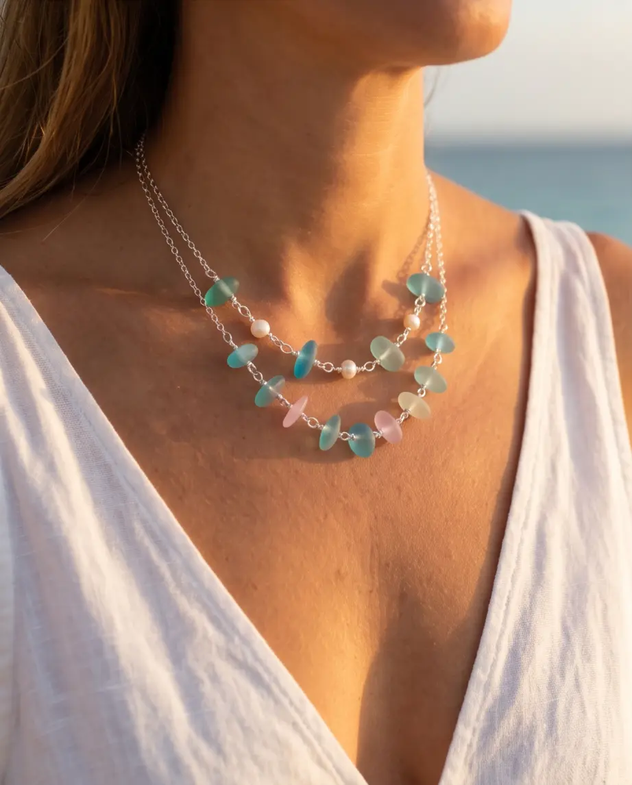 Handcrafted Sea Glass Necklace, Coastal Beach Jewelry, Aqua pink Lavender Jewelry