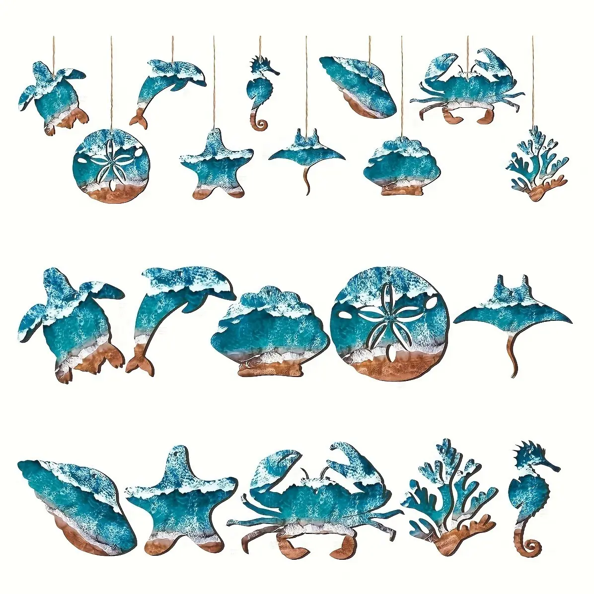 Wooden Ocean Theme Ornaments Set, Includes Dolphin Whale Starfish Nautical Animal Pendants, Coastal Christmas Tree Decorations, Beach Wall Art