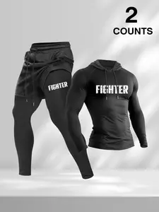 Men's 2 Piece FIGHTER Print Workout Set, Compression Long Sleeve Hooded Shirt with 2-in-1 Running Shorts & Leggings, Gym Tracksuit for MMA, Boxing, Bodybuilding, Training & Streetwear