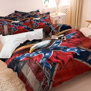 Patriotic Bald Eagle Duvet Cover Set (1 Duvet Cover + 1/2 Pillowcases, No Core), Vintage Rebel Flag & Barbed Wire Print Bedding, Soft Breathable All-Season Decorative Duvet Cover Bed Set for Bedroom, Dorm, Man Cave & Patriotic Home Decor