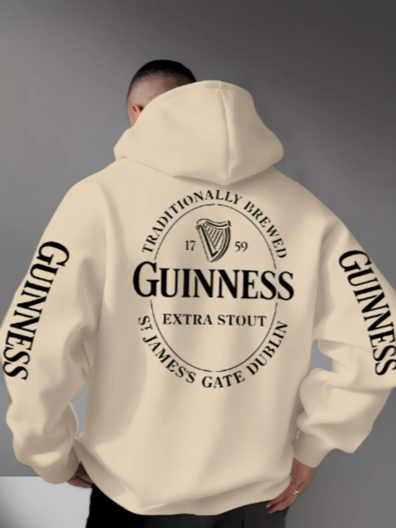 Fashion Men's Guinness Print Hoodie with Drawstring Kangaroo Pocket, Logo Sweatshirt, Casual Loose Fit, Lightweight Stretch Knit, Fall Winter Streetwear