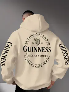 Fashion Men's Guinness Print Hoodie with Drawstring Kangaroo Pocket, Loose Fit, Lightweight Stretch Knit, Fall Winter Streetwear