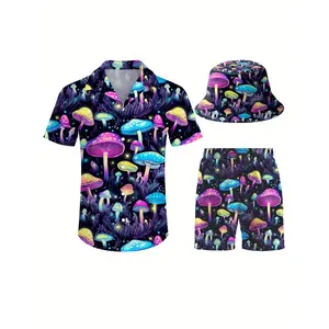 [Made in US] Men'S 3pcs Retro Outfit Beach Set, Fantasy Colorful Mushrooms Sportswear, Hawaiian Sportswear Set, Shirt Beach Shorts And Fisherman Hat Bucket Hat Sleeves Fashion Pockets Clothes Menswear