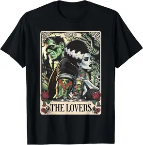 Cotton graphic tees The Monster Frankenstein And Bride The Lovers Tarot Card T-Shirt