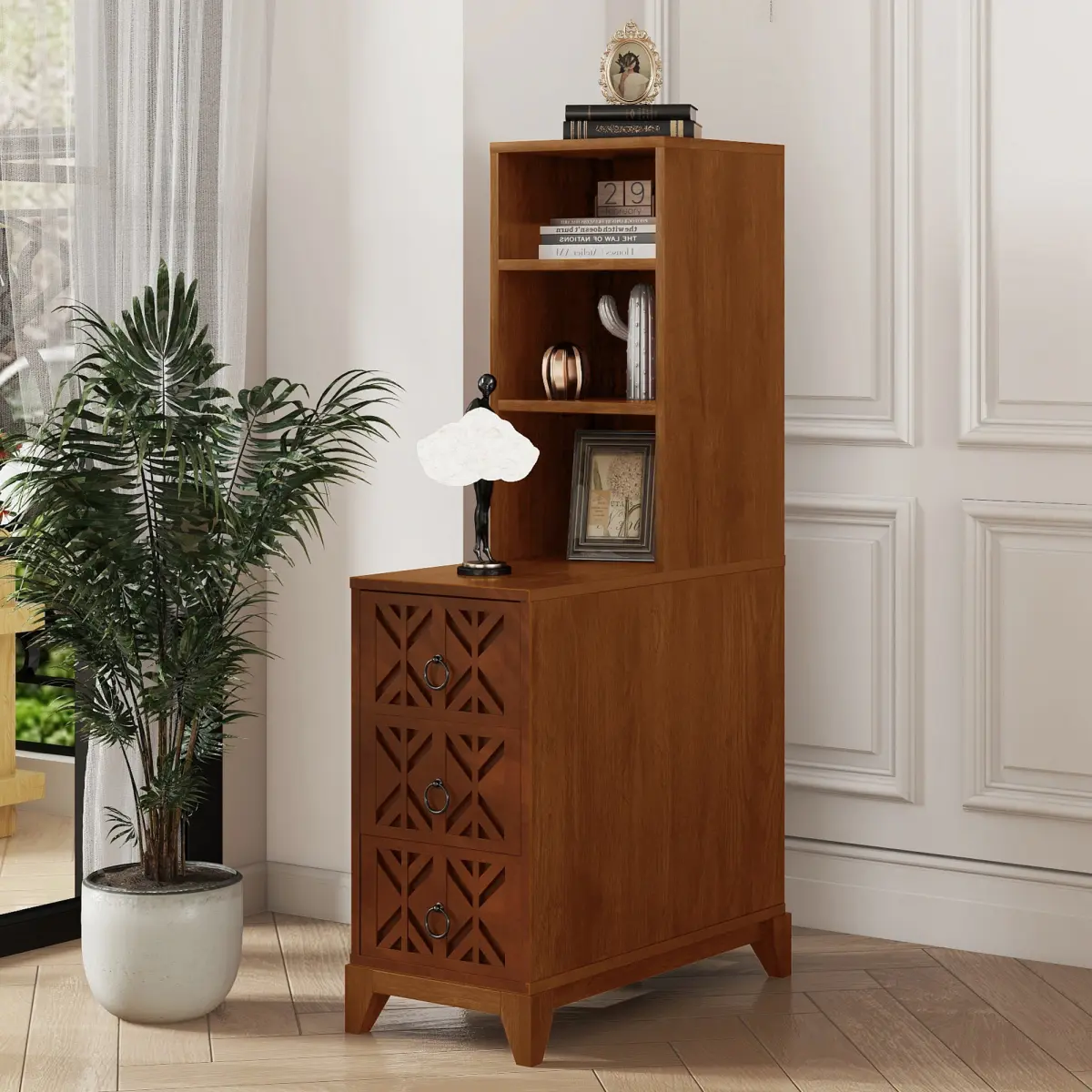 End Table with 3 Drawers, Corner Table with 2 Open Shelves, Tall Side Table for Bedroom and Corner, Walnut