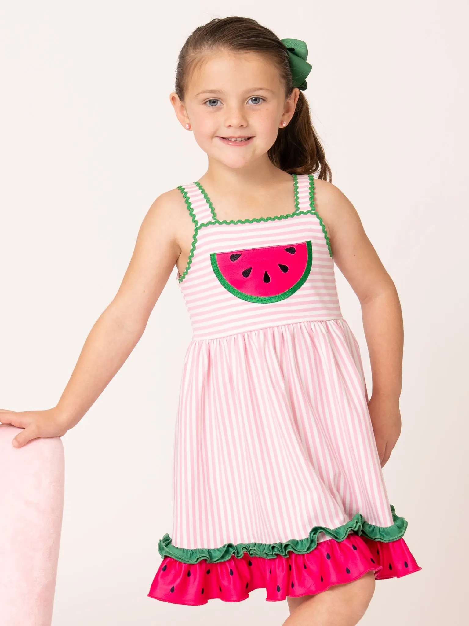 Watermelon Days Striped Embroidery Ruffle Dress