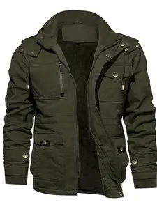 Men's Solid Pocket Zipper Detachable Hood Design Jacket, Regular Fit Casual Long Sleeve Button Hooded Outerwear for Fall & Winter, Men's Clothes for Daily Wear