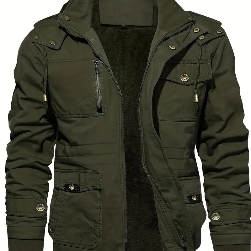 Men's Solid Pocket Zipper Detachable Hood Design Coat, Regular Fit Casual Long Sleeve Button Hooded Casual Street Outerwear for Fall & Winter, Men's Clothes for Daily Wear