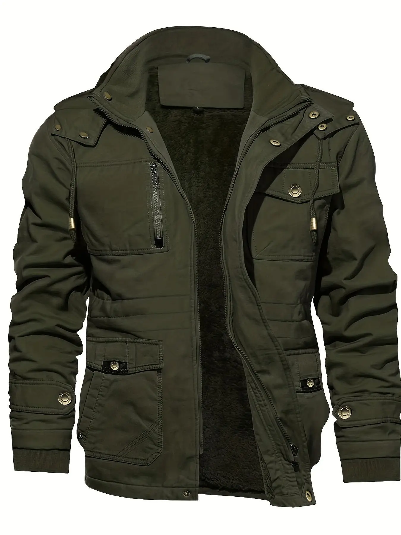 Men's Solid Pocket Zipper Detachable Hood Design Jacket, Regular Fit Casual Long Sleeve Button Hooded Outerwear for Fall & Winter, Men's Clothes for D