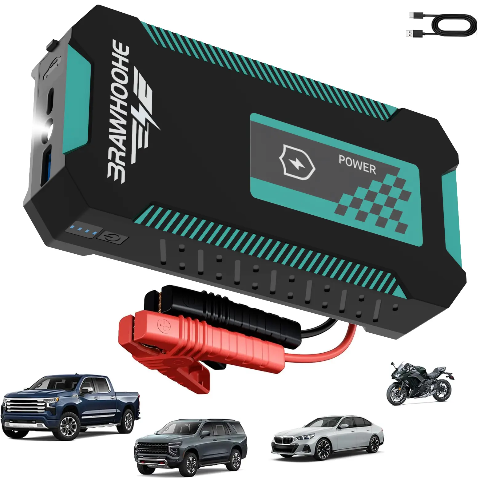 Portable car jump starter, 12V fast start, equipped with USB input/output and LED emergency light; road/vehicle emergency rescue tool, shipped from local warehouse.