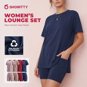 SHOWITTY Womens Lounge Set – Short Sleeve Crew Neck Top and Shorts Set, 88% Recycled Polyester Pajama Outfit with Side Pockets