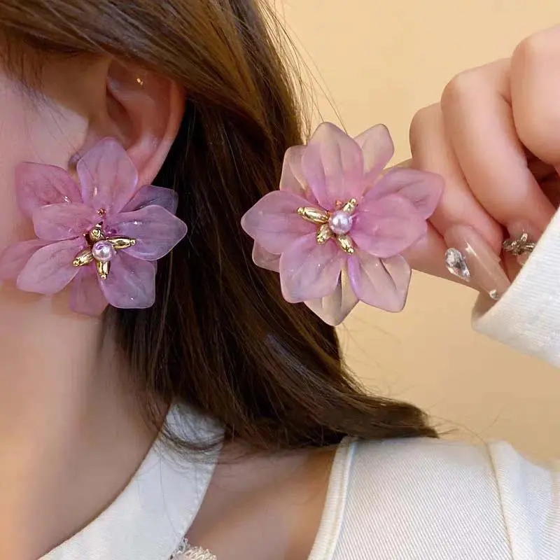 Exaggerated Pink Flower Stud Earrings for Women Girls Elegant Sweet Acrylic Plant Petal Earrings Jewelry Wedding Party Gift