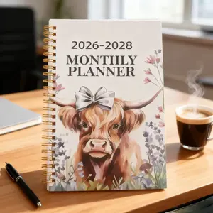 2026-2028 Three-Year Monthly Academic Planner Notebook, High-Quality Cow Bow Floral Spiral Bound, Office Stationery Supplies, Office School Home Gift, Durable Organizer