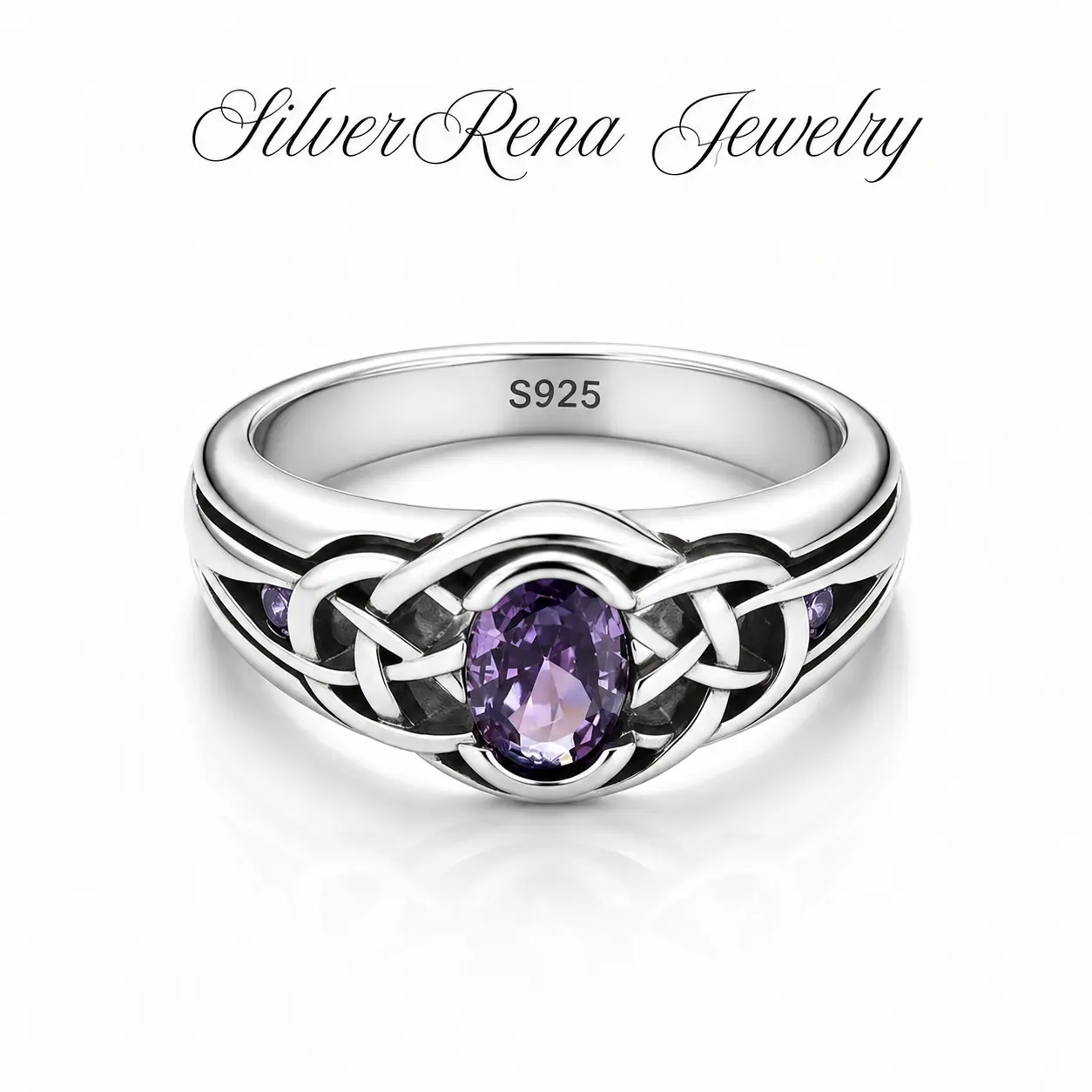 S925 Sterling Silver Oval Amethyst Celtic Trinity Knot Wide Band Ring Side Purple CZ Hollow Interwoven Filigree Statement Ring Unisex February Birthstone Irish Wicca Jewelry Anniversary St Patrick’s Day Valentine Gift For Him Her Women Men