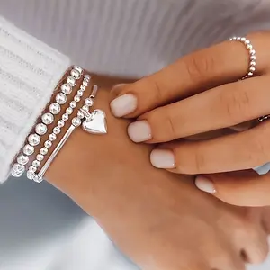 [Elegant, Women's Bead Bracelet]  Women's 3-Piece Bead Bracelet with Heart-Shaped Pendant | Simple Vacation Style, No Need for Electroplating, Daily Wear, Elegant Anniversary Gift