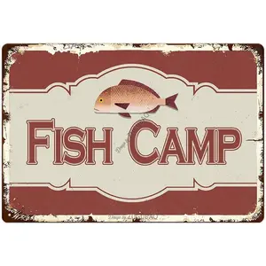 Funny Fishing Tin Signs-Fish Camp Vintage Metal Fish Painting Art Printing Poster Wall Decor for Home Kitchen Bar Cafe Pub 12x8 Inch Hanging Plaque Novelty Gift
