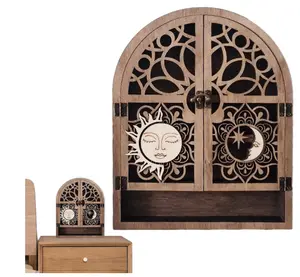Sun and Moon Gothic Decorative Frame with Detachable Display Stand Multi-functional Natural Wood Wall-mounted Storage Cabinet Three-dimensional Storage Box for Small Items
