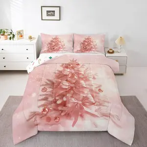 Christmas Tree Bedding Comforter Sets,Pink Xmas Bowknot Holiday Bedding Set,Christmas Snowflake Comforter Set,Winter Decoration Ball Quilt