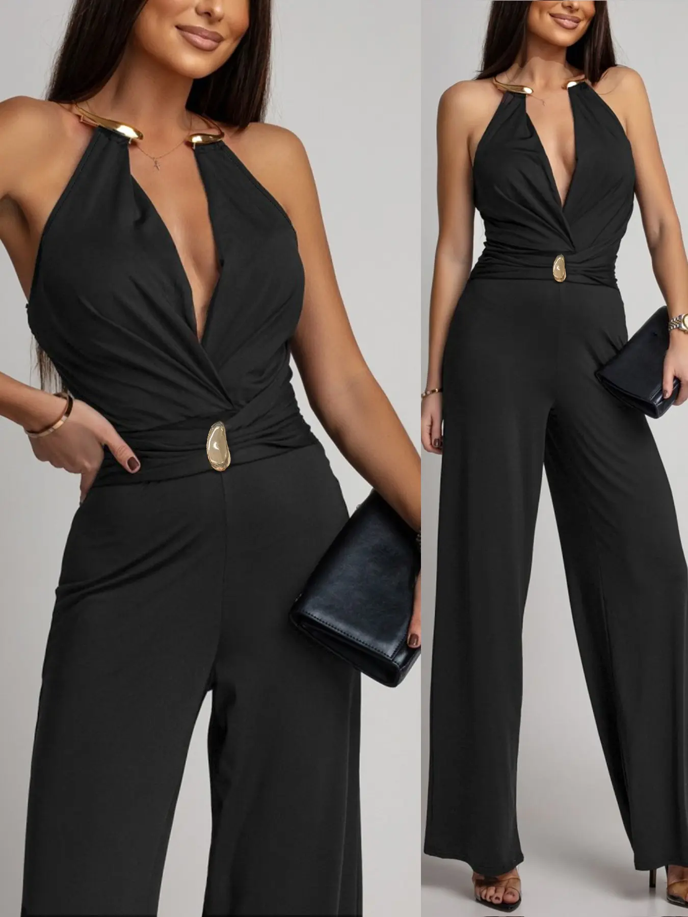 2026 Spring Summer Halter Split Neck One-Piece Dress, European Style Loose Fit, Elegant Chic Ladywear for Christmas and Office Wear Jumpsuit