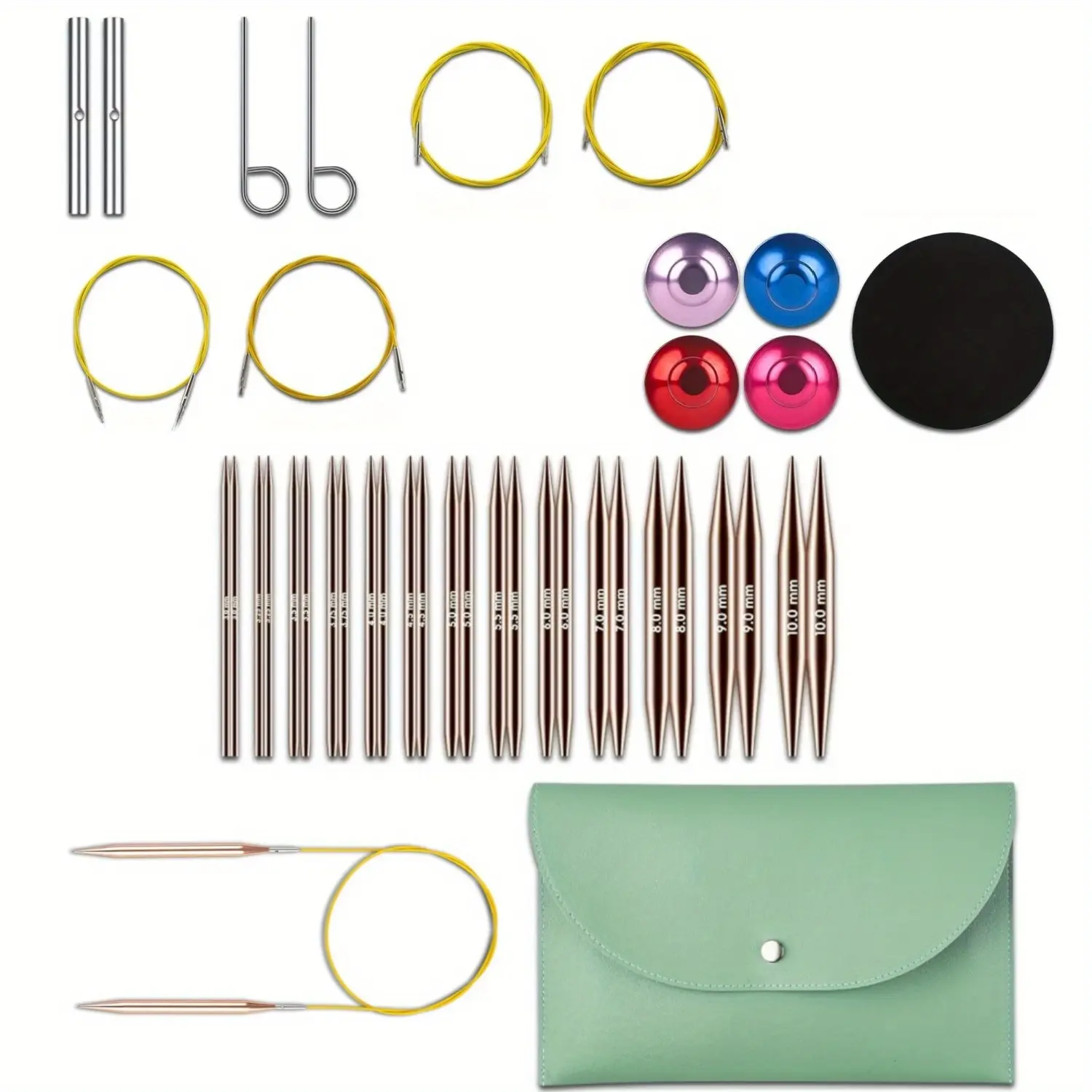 [Tools & Hardware] Interchangeable Circular Knitting Needles Kit, 1 Set with 13 Pairs Premium Aluminum Needles (3-10mm), Couplers, Cable Keys, Durable Build, Ergonomic Handles, Leather Storage Pouch & Sewing Supplies